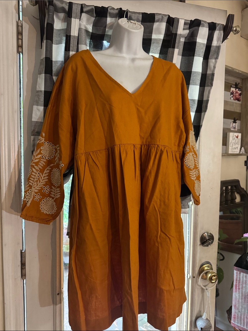 Madewell Mustard/Orange Embroidered Sleeve V-Neck Dress Medium